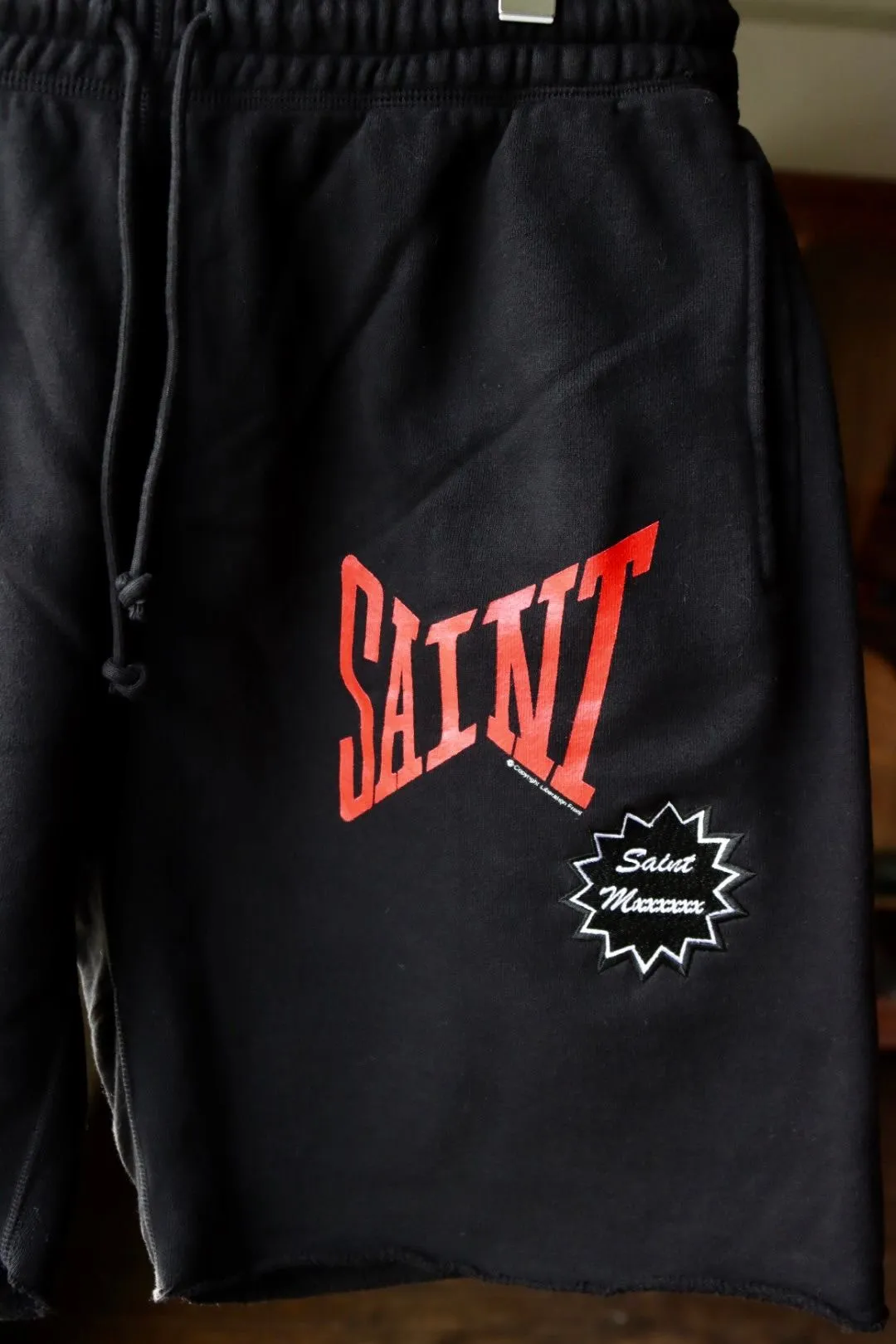 SAINT Mxxxxxx 'SAINT' SWEAT SHORTS/GRY/BLK embroidered SAINT LOGO basic shorts, distressed gray/washed black S-XL, four needles and six threads throughout, produced by a major domestic factory, imported Tajima machine embroidery, washed and distressed, original version